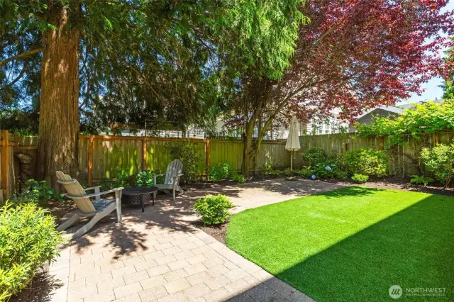The back yard features a turf lawn- always green and perfect- and professional landscaping.