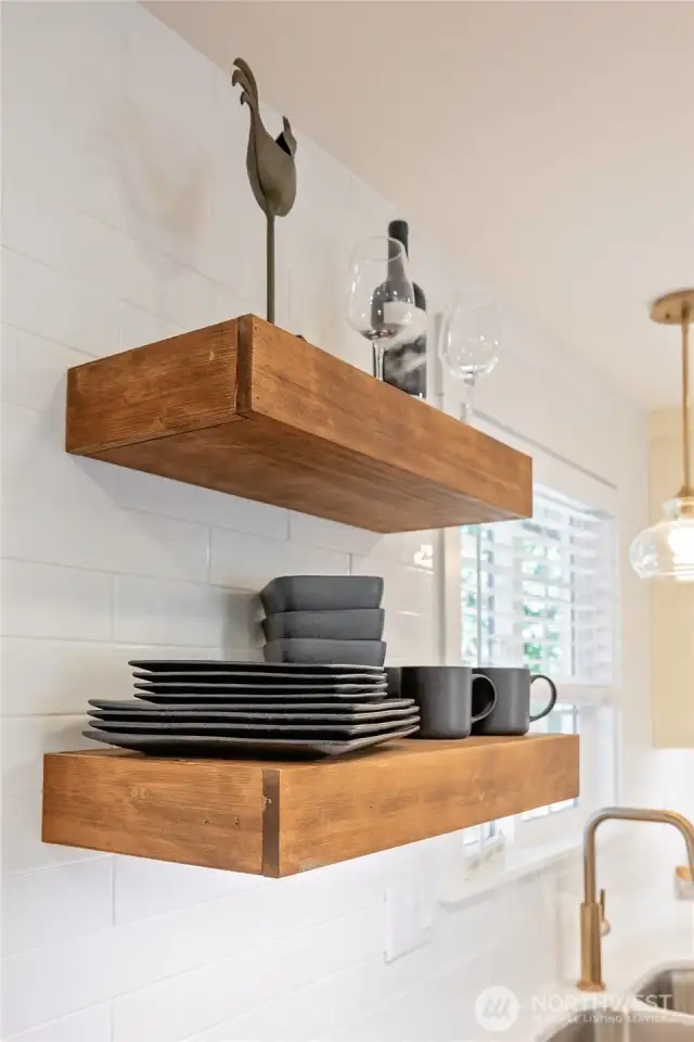 Floating shelves in kitchen area