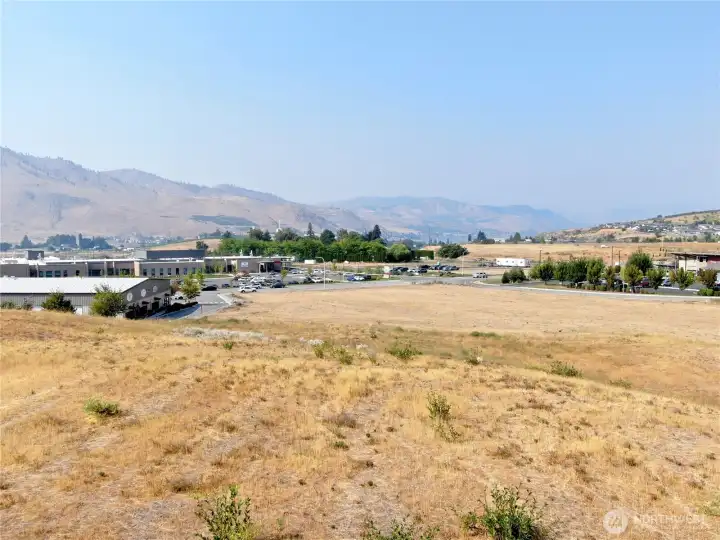 View of lake, hospital, and clinic from north knoll