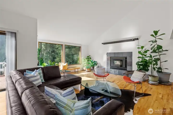 Living room has lots of windows to let light in.