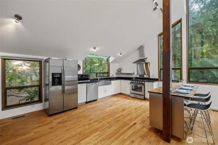 Light and airy kitchen with vaulted ceilings, skylights and ceiling fan.