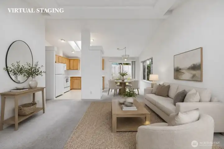 VIRTUAL STAGING- Open concept entry to living room and kitchen and dining area beyond VIRTUAL STAGING- Open concept entry to living room and kitchen and dining area beyond