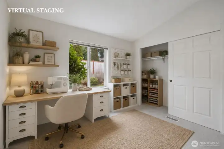 VIRTUALLY STAGED second bedroom, staged as a craft room, but use your imagination and style it for your own needs! VIRTUALLY STAGED second bedroom, staged as a craft room, but use your imagination and style it for your own needs!