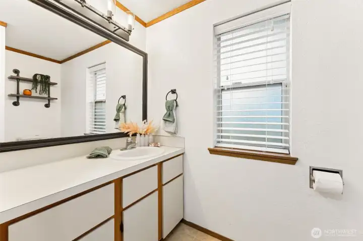Full bathroom upstairs. Tons of counter space.