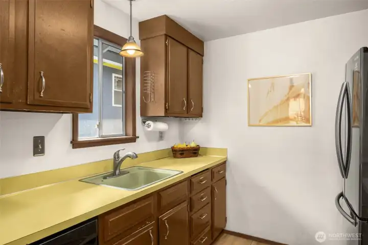 Dishwasher far left corner below countertop.