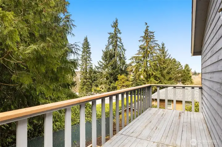 Back deck off 2nd upstairs bedroom faces west and overlooks backyard deck. This home is perched above the homes to the north as the hill slopes away and allows for plenty of privacy to the north.