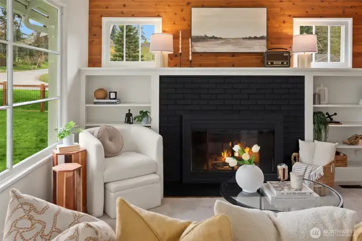 A wood-burning fireplace creates a natural focal point and brings warmth and comfort to the heart of the home.