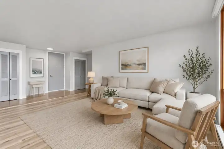 Warm, inviting atmosphere enhanced by rich fir millwork has been designed for both quiet moments and effortless entertaining.   [This photo has been virtually staged.]