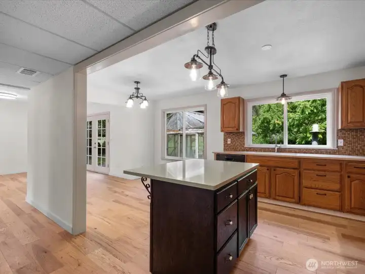 The kitchen features a wonderful island with extra storage.