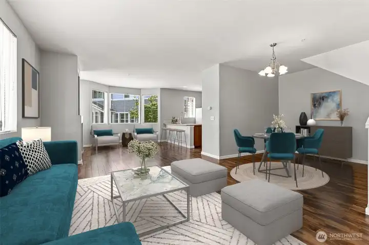Open Concept Living / Dining / Kitchen with Natural Light, Gas Fireplace, and Hard-surface Flooring *virtually staged* Open Concept Living / Dining / Kitchen with Natural Light, Gas Fireplace, and Hard-surface Flooring *virtually staged*