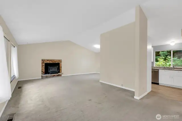 Fireplace and living room area.