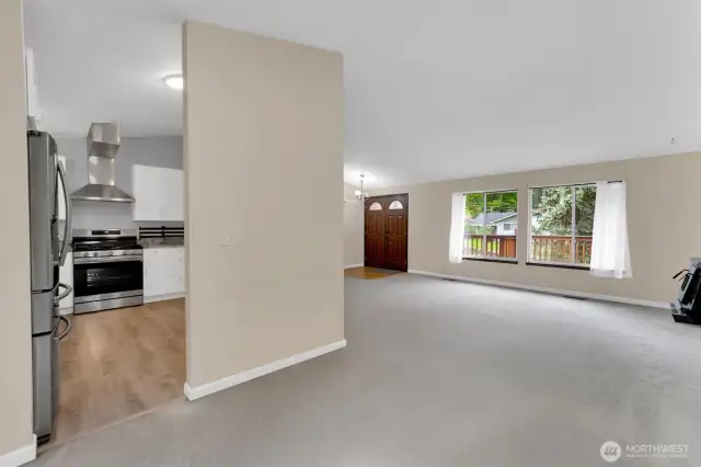 Kitchen, dining and living room.