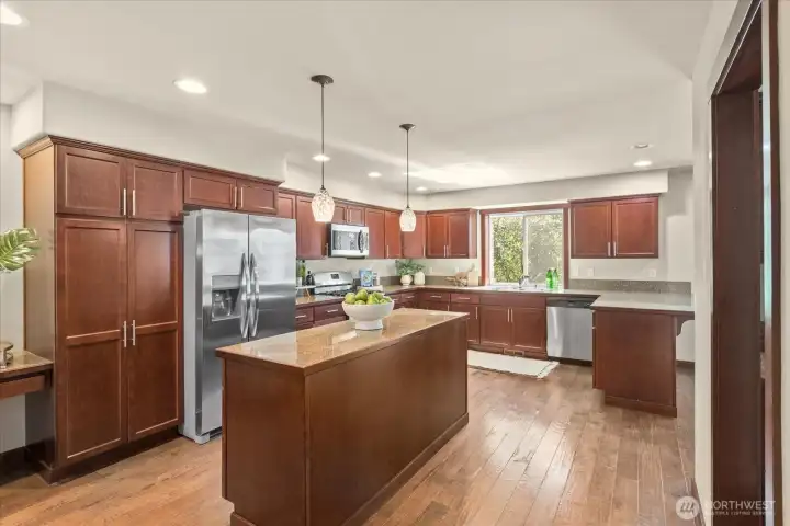 Well-appointed kitchen with sleek stainless appliances, ample cabinetry, and a window overlooking the lush backyard.