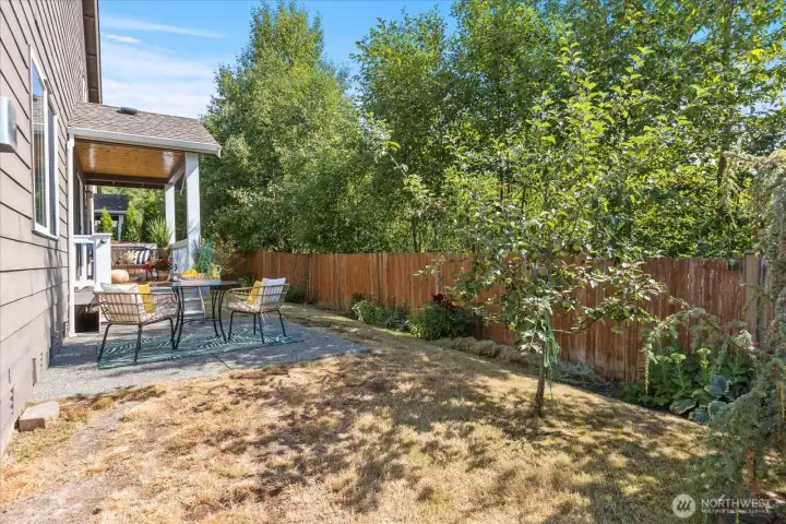 Beautifully maintained backyard with garden plots, fruit trees, and a peaceful setting for outdoor enjoyment
