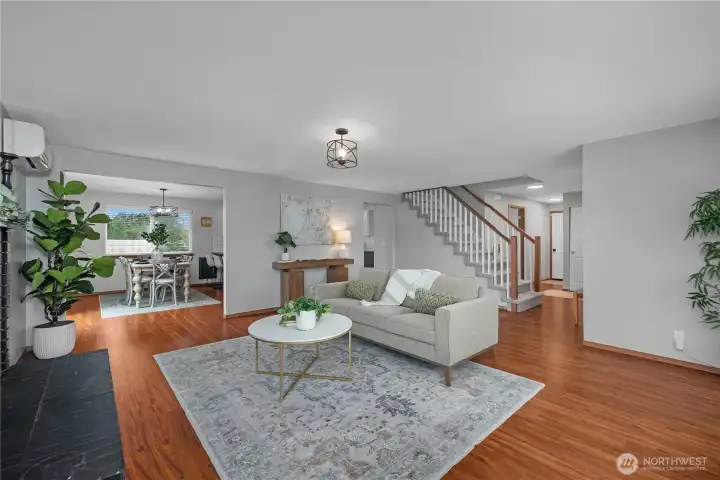 Living room view towards dining space.
