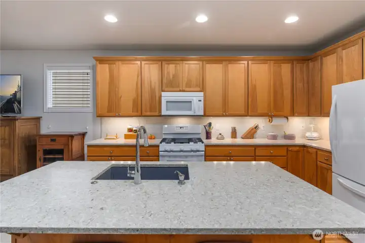 Bright, modern kitchen featuring quartz countertops, stylish backsplash, Blanco sink, and newer appliances (including 2023 range).