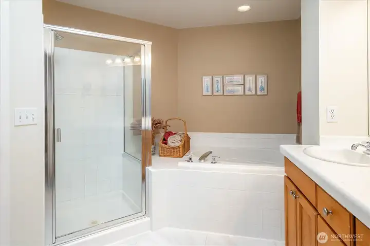 Primary bathroom with deap soaking tub.