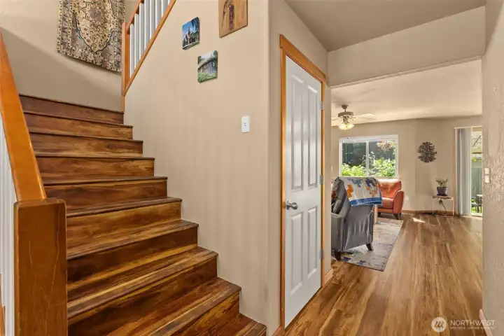 Wide stairway leading to the upper level