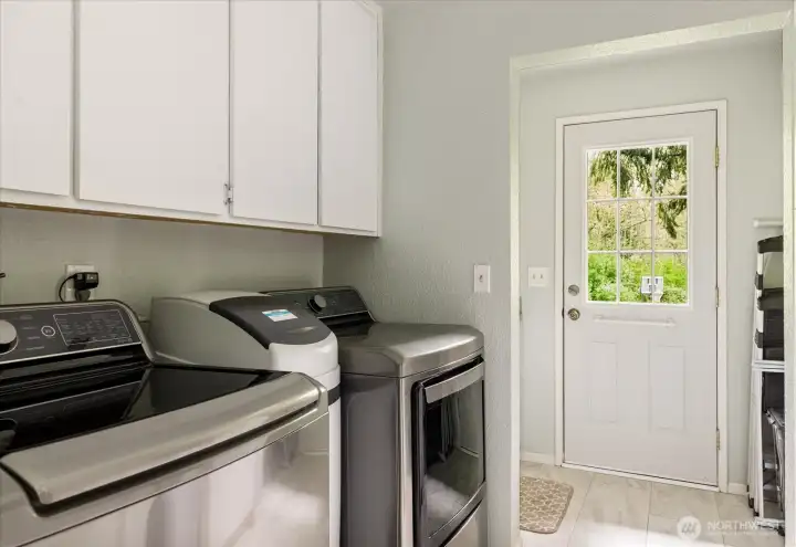 Utility room with plenty of storage and direct access to the exterior.