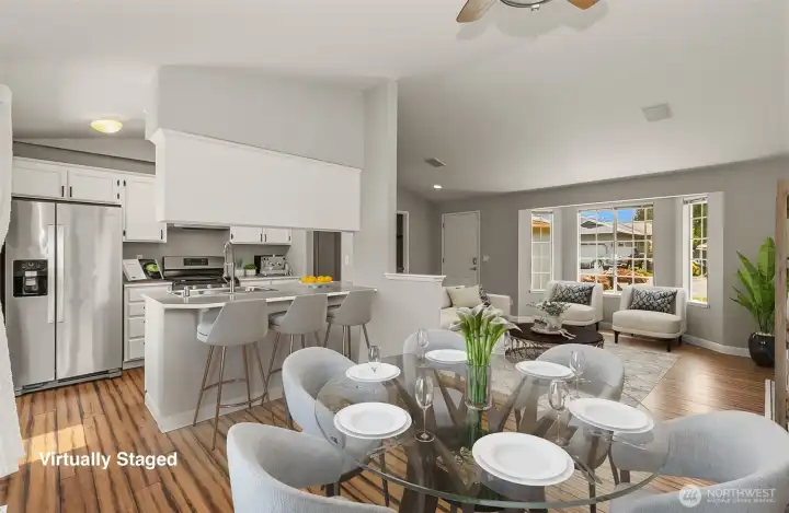 Virtually Staged Eating Bar, Dining Room and Living Room