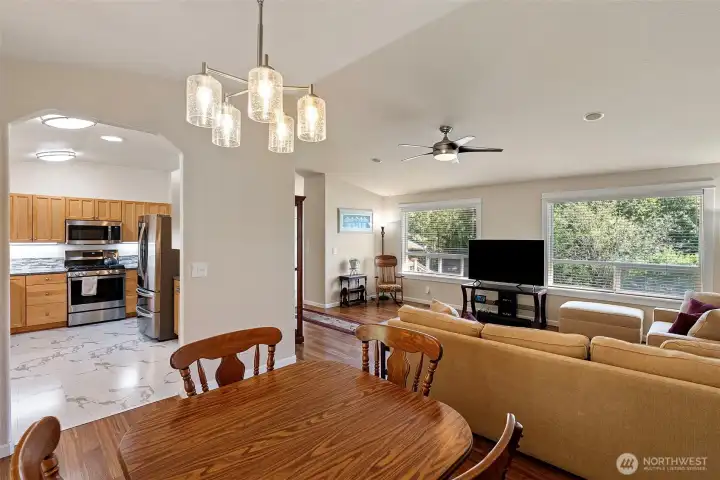 View from dining area looking into kitchen