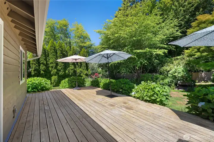 Hydrangeas are beginning to bloom, adding to the beauty of this fully fenced backyard. Lovingly landscaped for year-round color, this serene and private retreat is a true gardener's delight.