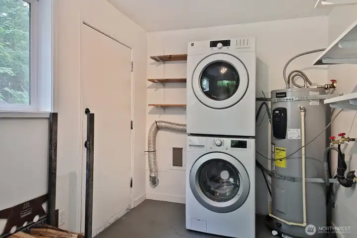 New hot water heater with some open shelving here and an exterior door to the back patio. This could also easily home a pantry cabinet for canned goods and small appliances! New hot water heater with some open shelving here and an exterior door to the back patio. This could also easily home a pantry cabinet for canned goods and small appliances!