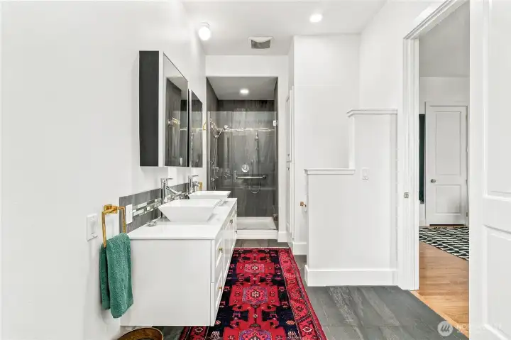 Primary Bathroom with tiled shower & double sink vanity Primary Bathroom with tiled shower & double sink vanity