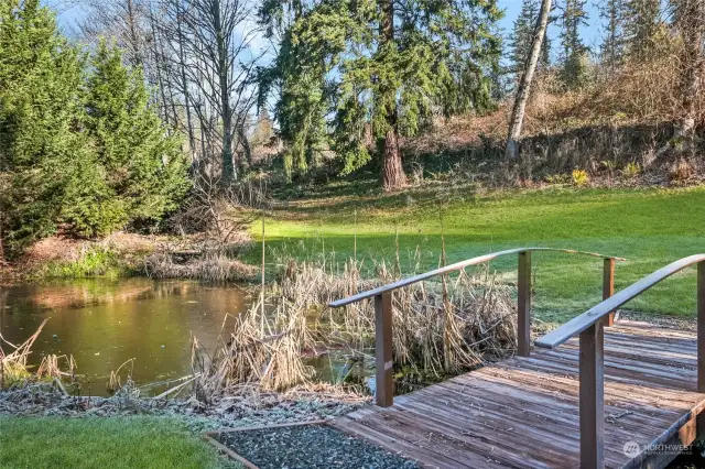 To the left there is a seasonal creek that has a waterfall that falls into the pond and then runs under the bridge. Such wonderful sounds come from the babbling creek making this a soothing, peaceful paradise.