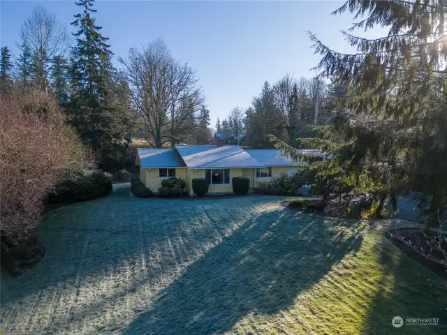 An aerial view of the property on a frosty morning.