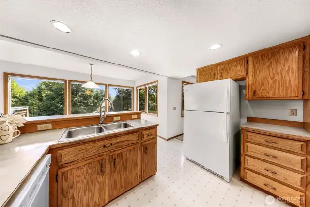 Double-basin stainless steel sink is set beneath a wide bank of windows offering lush green views. This practical kitchen workspace combines functionality with a tranquil atmosphere.