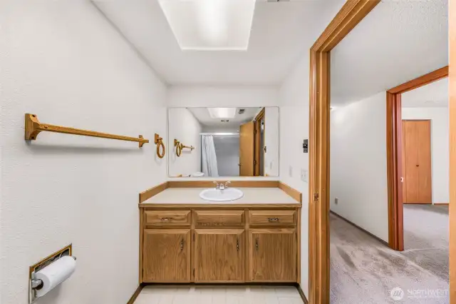 The downstairs full bath features a single sink vanity, large wall mirror, and bright overhead lighting. Oak cabinetry and neutral tones complete the functional space.
