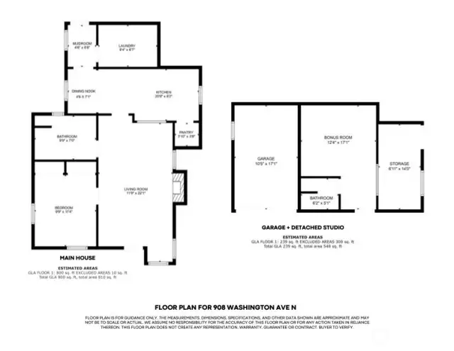 Floor plan of main house, detached studio and garage.