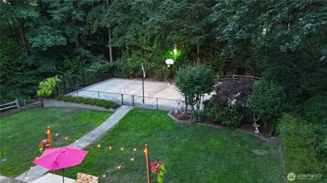 Evening Drone Shot of the Lit Sports Court... Pickle Ball anyone??