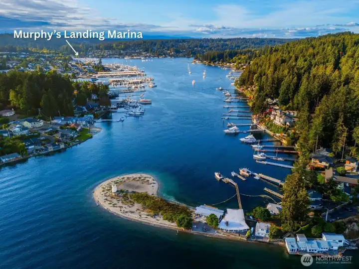 Aerial view of the harbor (looking North) entrance with Murphy’s Landing Marina highlighted—where harbor living meets easy access to open water.