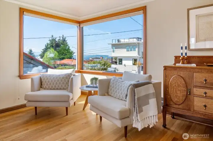 Nice views of the Sound and Olympics  from living room picture windows