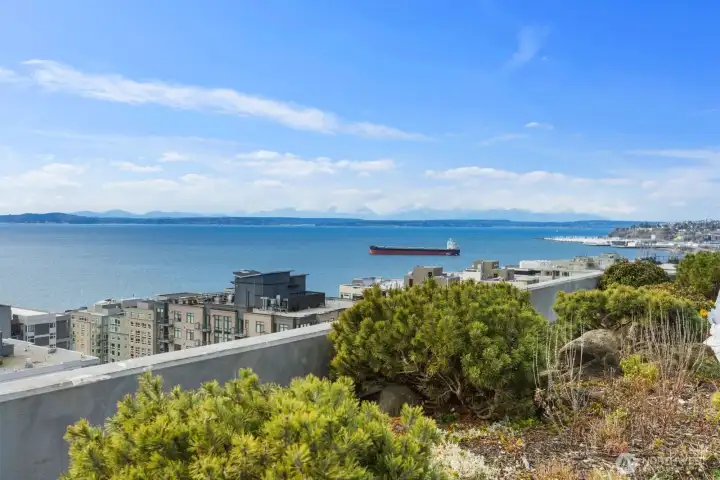 Expansive Puget Sound water view with cargo vessel traffic, surrounding shoreline, and distant mountain backdrop visible beyond nearby Seattle rooftops.