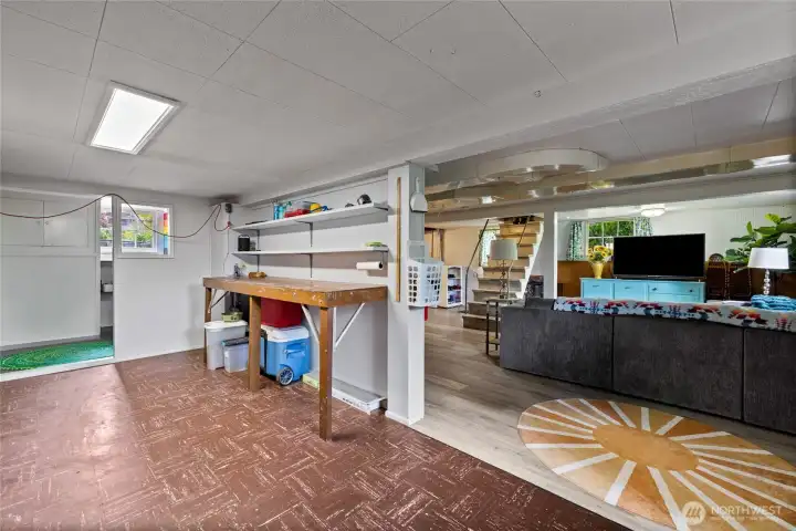 Basement workspace open to additional Bonus space