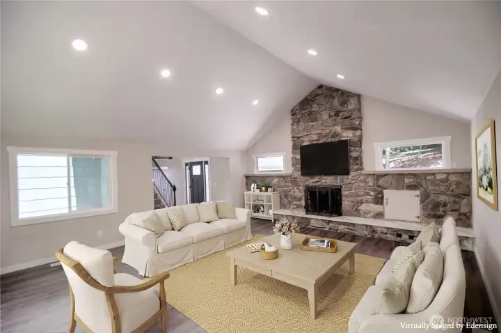 Oversized living room with stones that were brought down from Mt St Helens pre-eruption Oversized living room with stones that were brought down from Mt St Helens pre-eruption