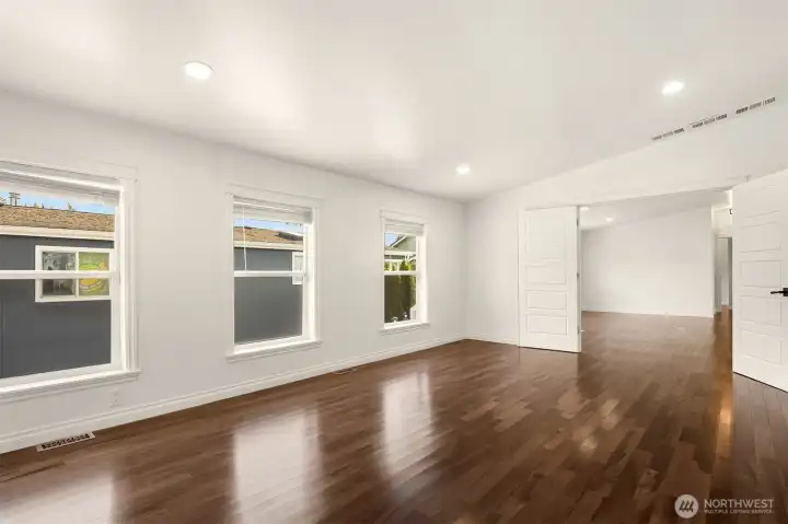 Spacious Main Bedroom off Living Room with French Doors