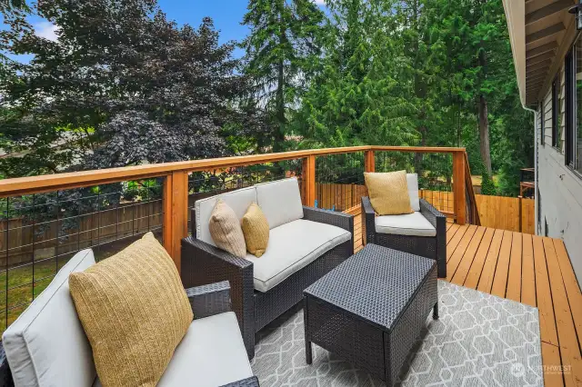 Step out from the dining room to the newly updated deck with new rails and refinished deck.