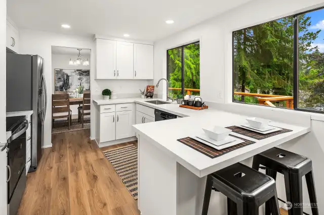 The new Kitchen: New Cabinets, quartz counter tops, new appliances, new floor and new lighting.