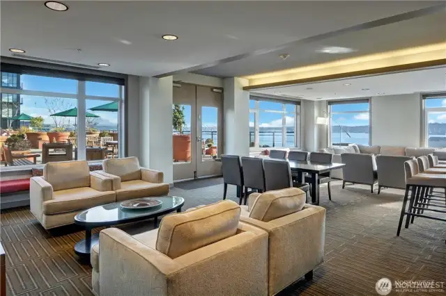 Club Room with dining area, living areas,  bar area & full kitchen has access to the roof  deck garden terrace and has great views!  This is reservable for parties and events.