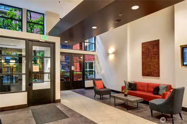 The lobby area with 24/7 concierge.