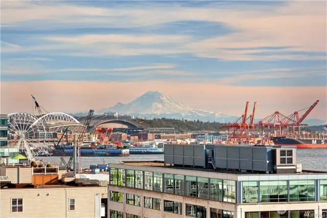 View from the common area deck/terrace.  Beautiful Mt Rainier view! Plus stadiums &  Big Wheel.
