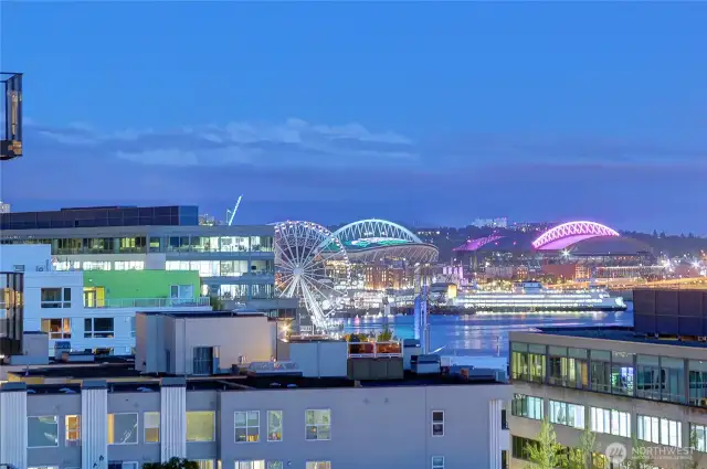 Evening view from common area terrace.  Ferries & lights on the water!