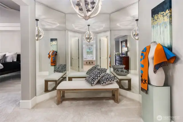 Mirrored Dressing Area Adds A Touch Of Luxury And Convenience, Perfect For Getting Ready In Style.