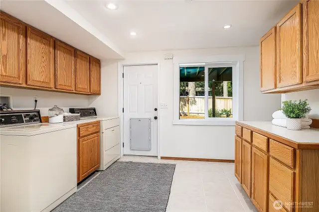 Downstairs laundry room with W/D has lots of storage and counter space. The door leads to the backyard.