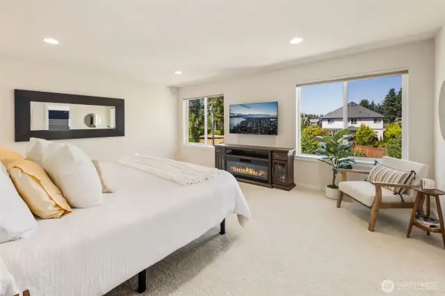 Exceptionally appointed primary suite fireplace and si much natural light