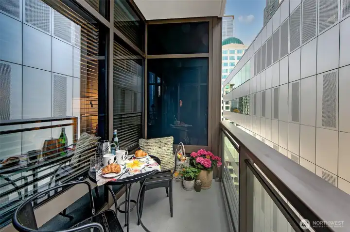 Deck is large enough for comfortable seating. (also, there is a roof deck on the top for resident use).